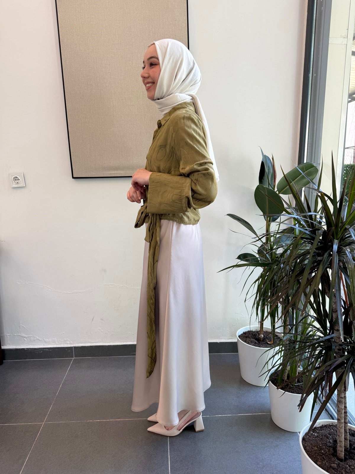 Jakar Saten Bağlama Detay Bluz - Yeşil