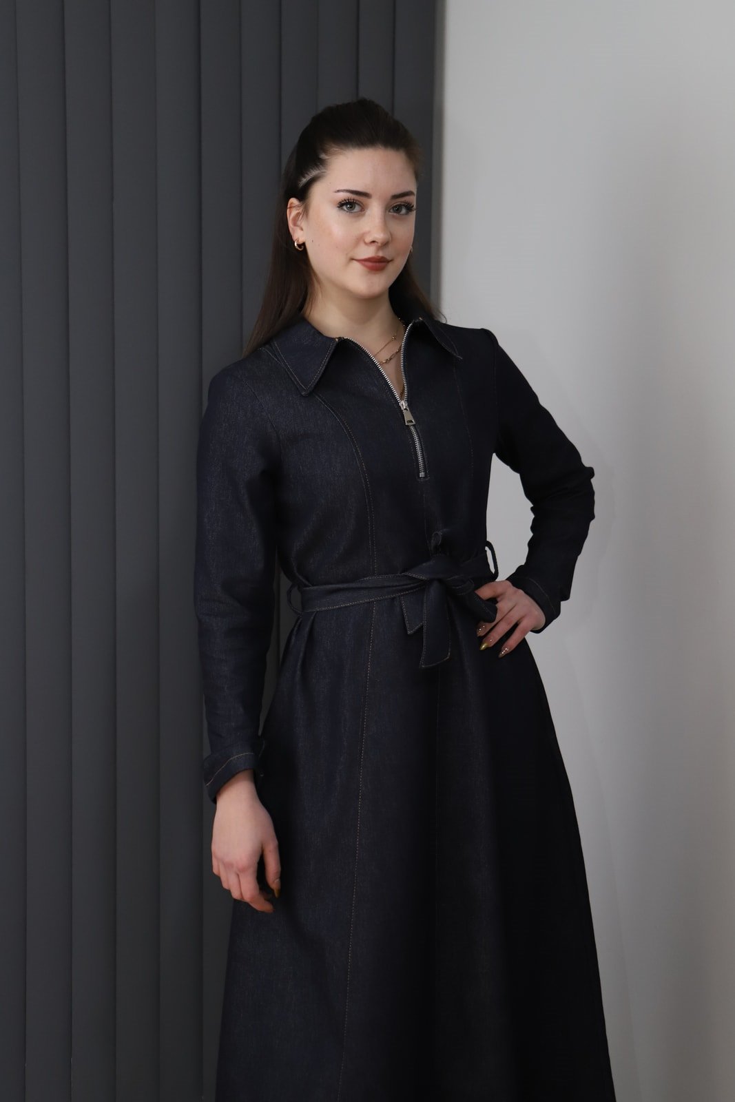 Kuşaklı Denim Elbise