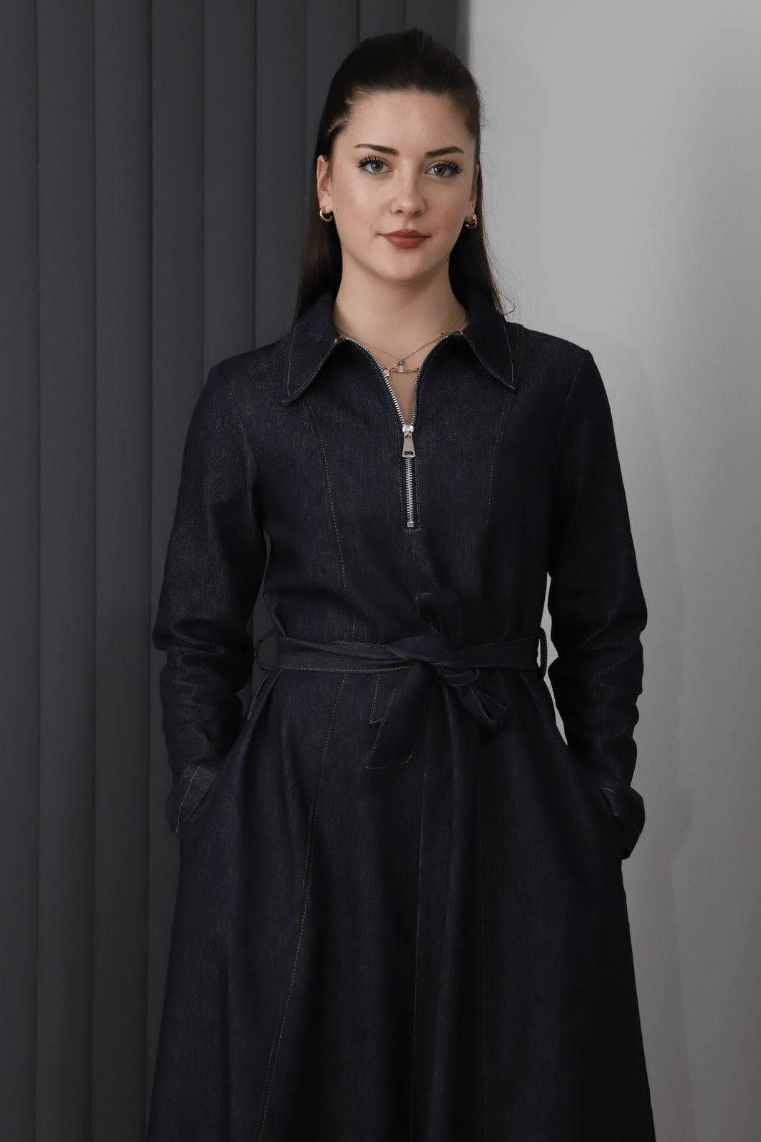 Kuşaklı Denim Elbise