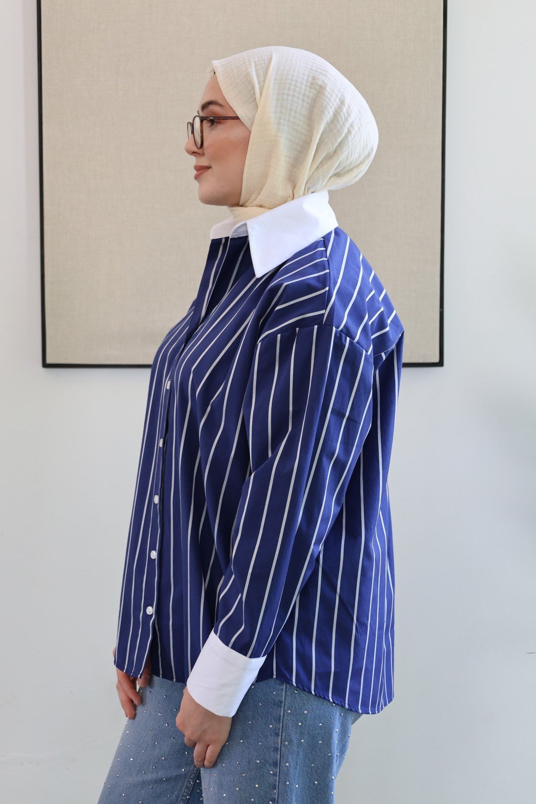 Manşetli Çizgili Oversize Gömlek - Lacivert