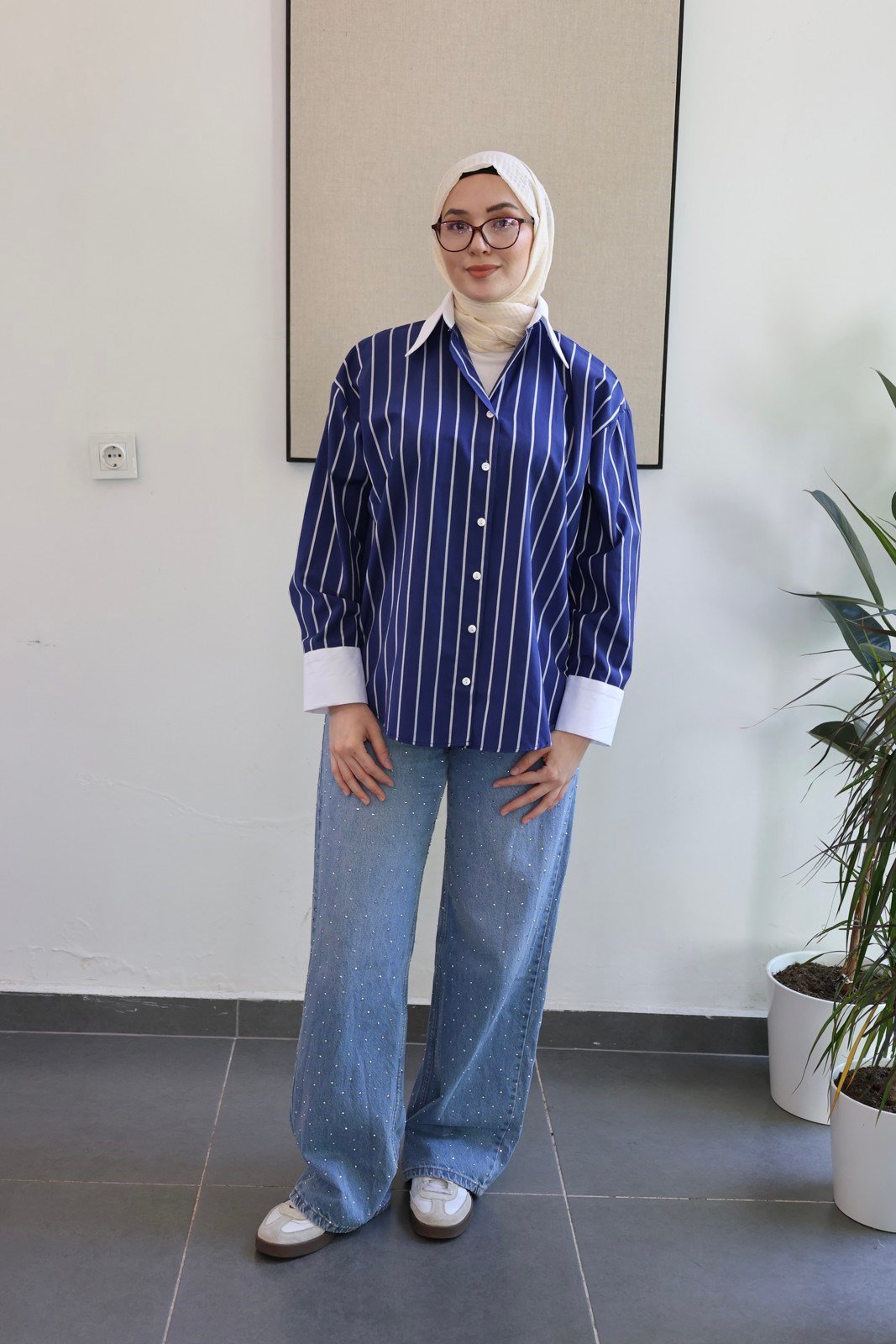 Manşetli Çizgili Oversize Gömlek - Lacivert
