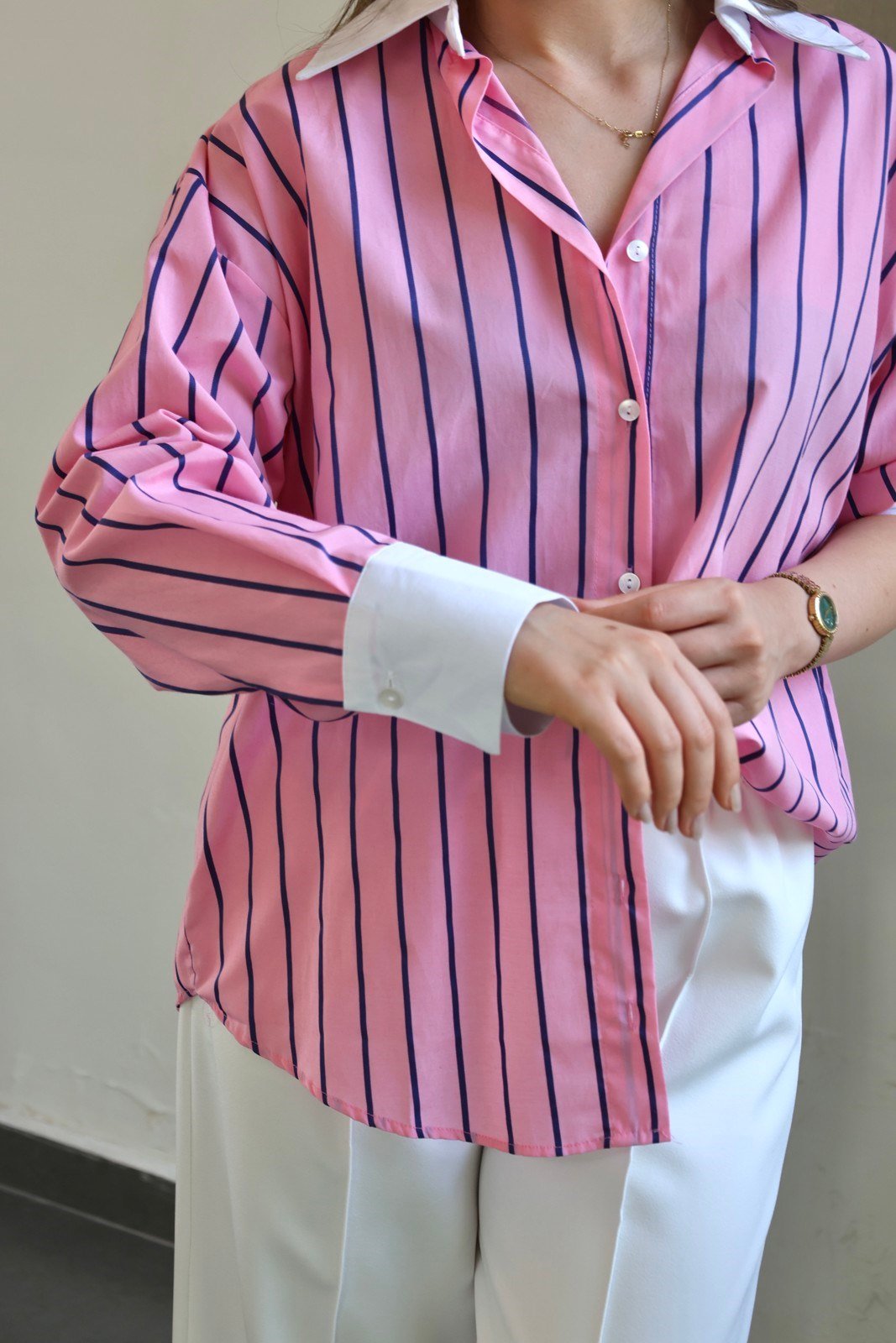 Manşetli Çizgili Oversize Gömlek - Pembe