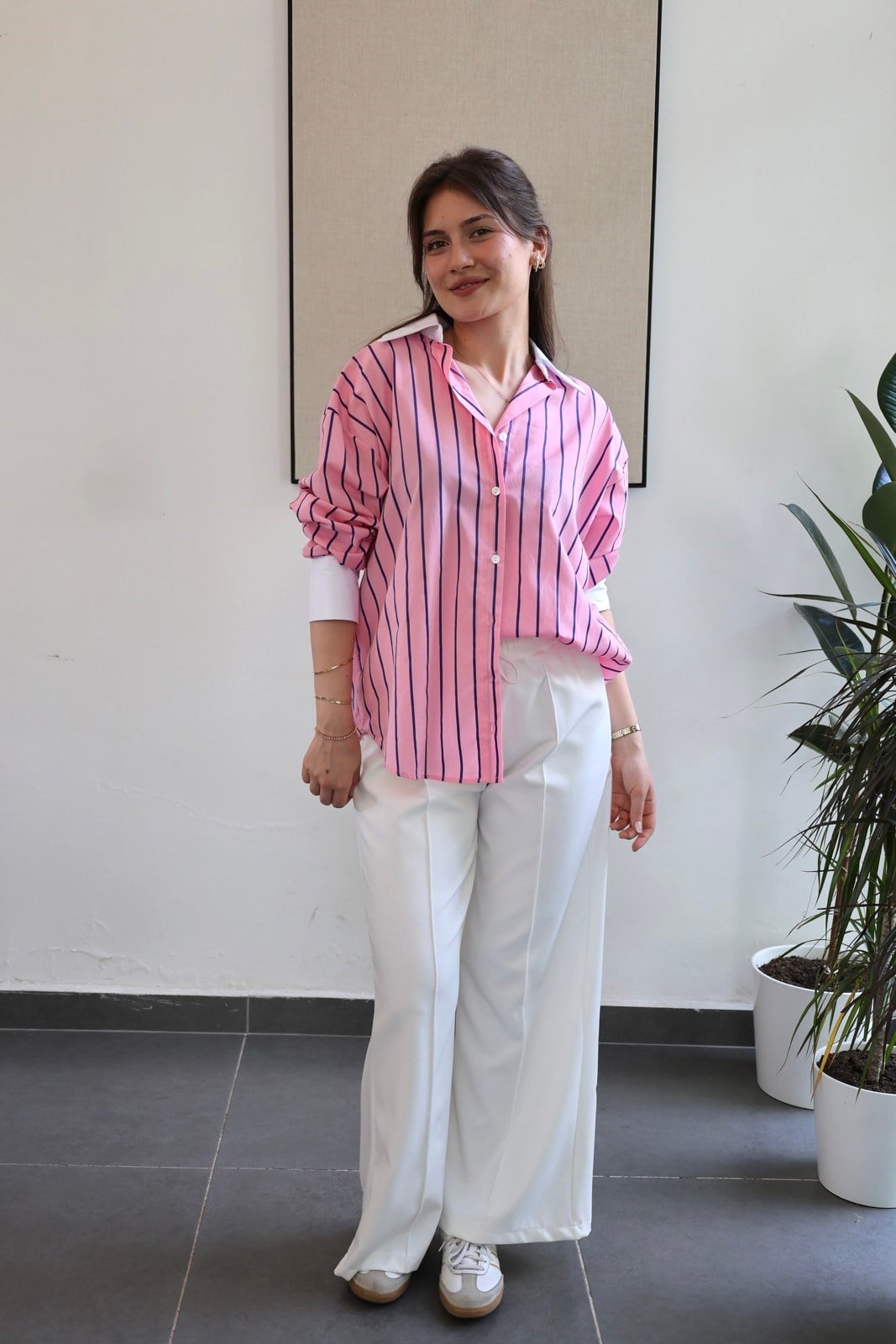 Manşetli Çizgili Oversize Gömlek - Pembe