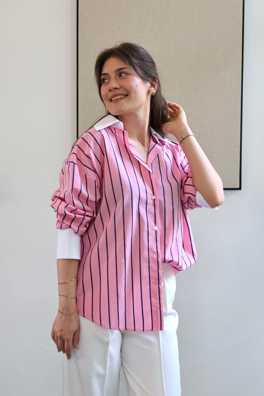 Manşetli Çizgili Oversize Gömlek - Pembe