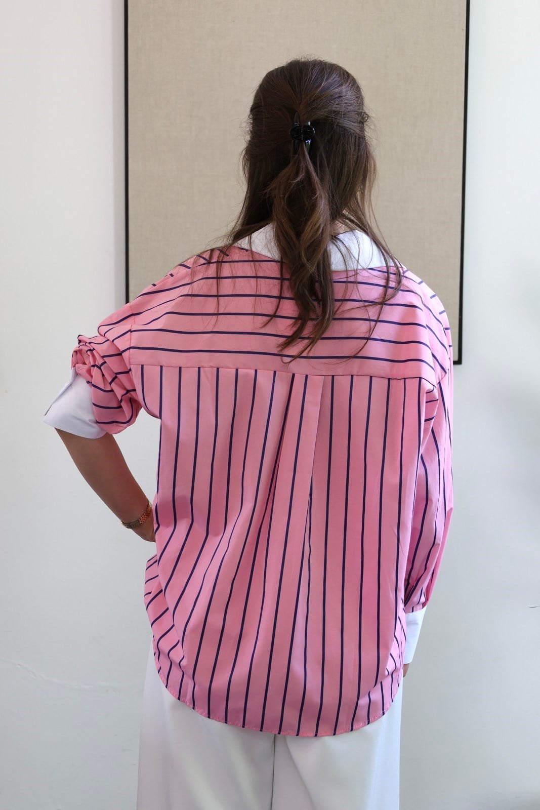 Manşetli Çizgili Oversize Gömlek - Pembe