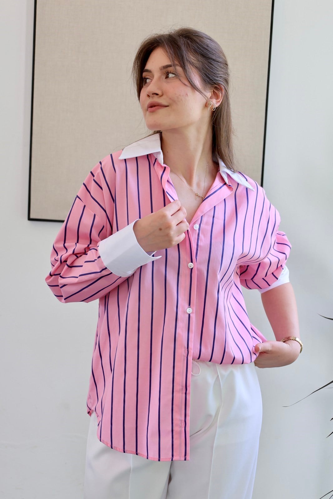Manşetli Çizgili Oversize Gömlek - Pembe