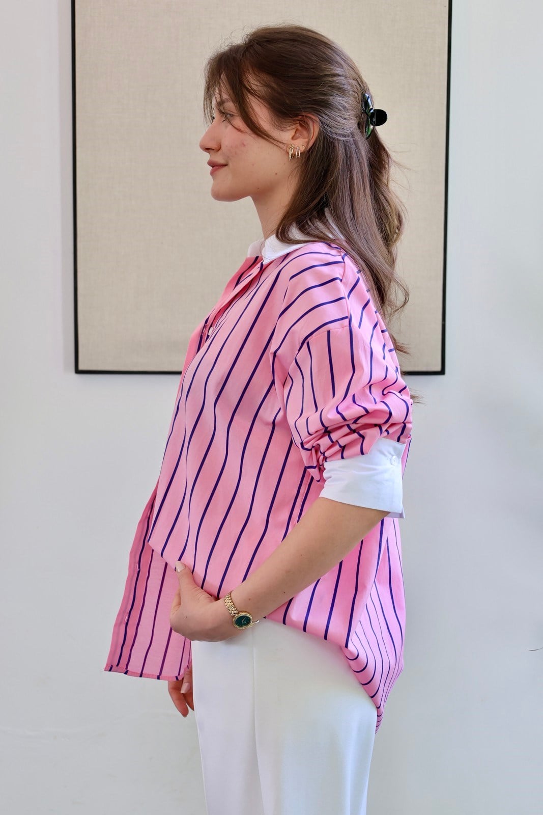 Manşetli Çizgili Oversize Gömlek - Pembe