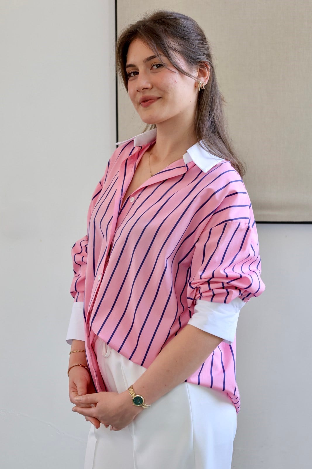 Manşetli Çizgili Oversize Gömlek - Pembe