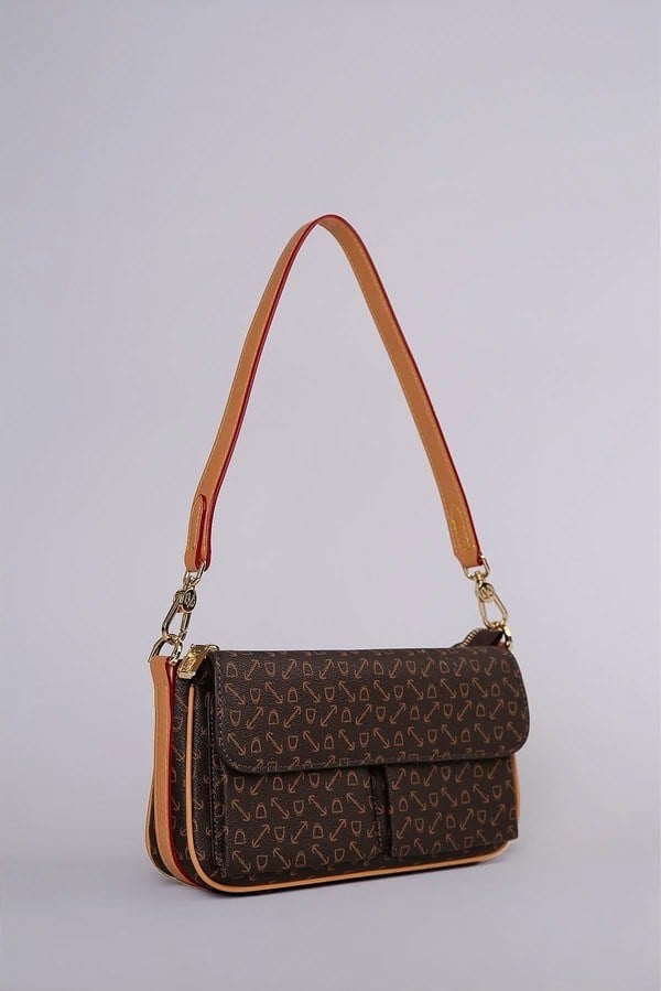 Monogram Desenli Baget Omuz Çantası - Kahve
