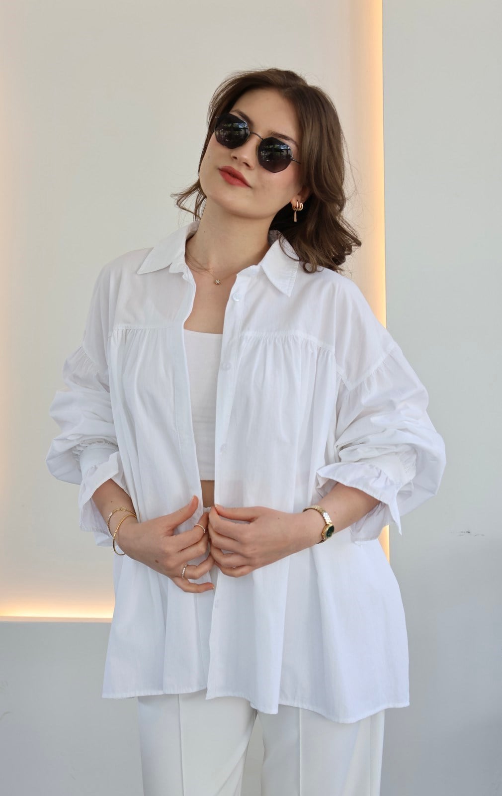 Oversize Pamuk Kumaş Tasarım Gömlek - Beyaz