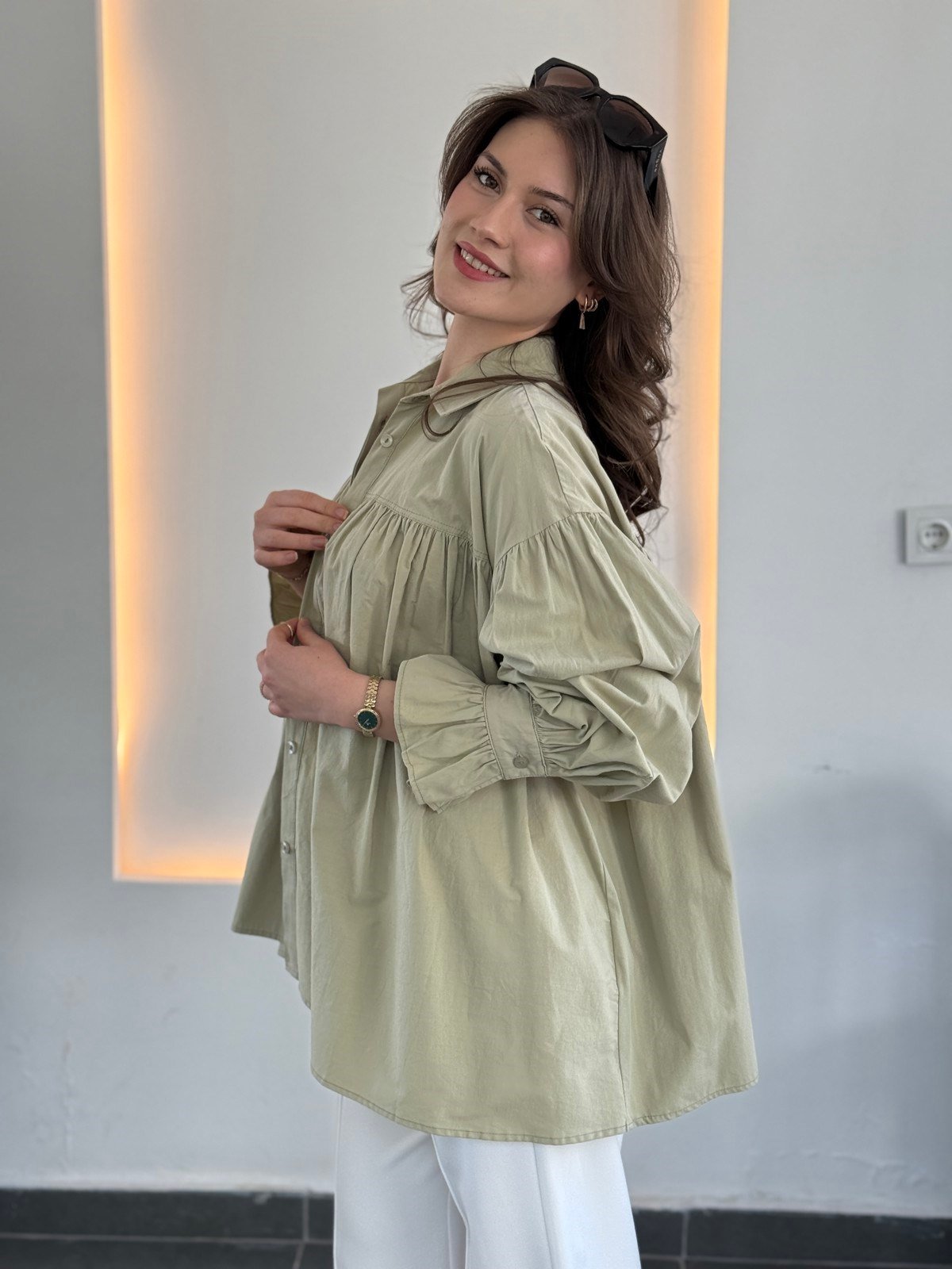 Oversize Pamuk Kumaş Tasarım Gömlek - Yeşil