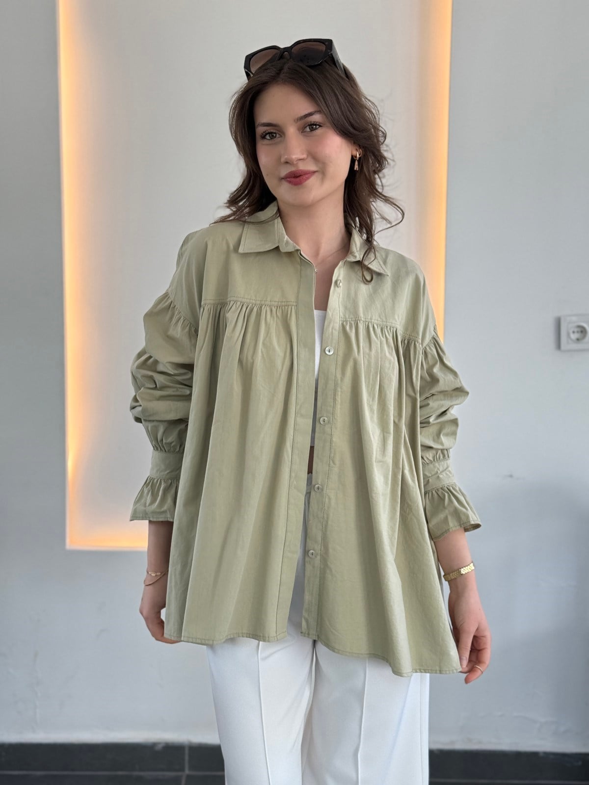 Oversize Pamuk Kumaş Tasarım Gömlek - Yeşil