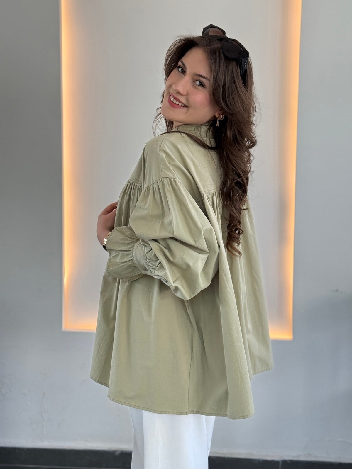Oversize Pamuk Kumaş Tasarım Gömlek - Yeşil