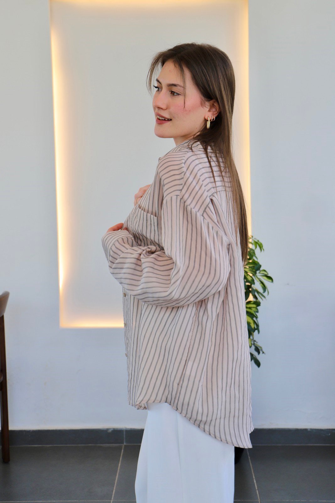 Oversize Vizon Çizgili Gömlek