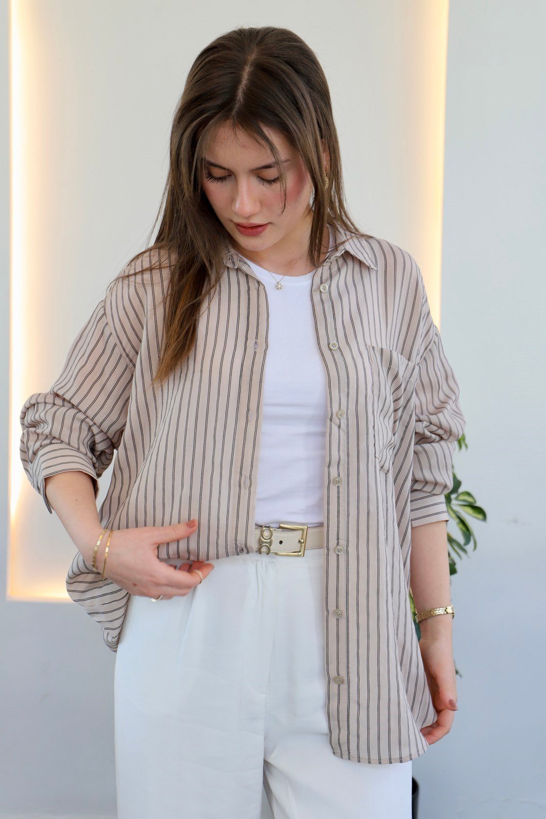 Oversize Vizon Çizgili Gömlek