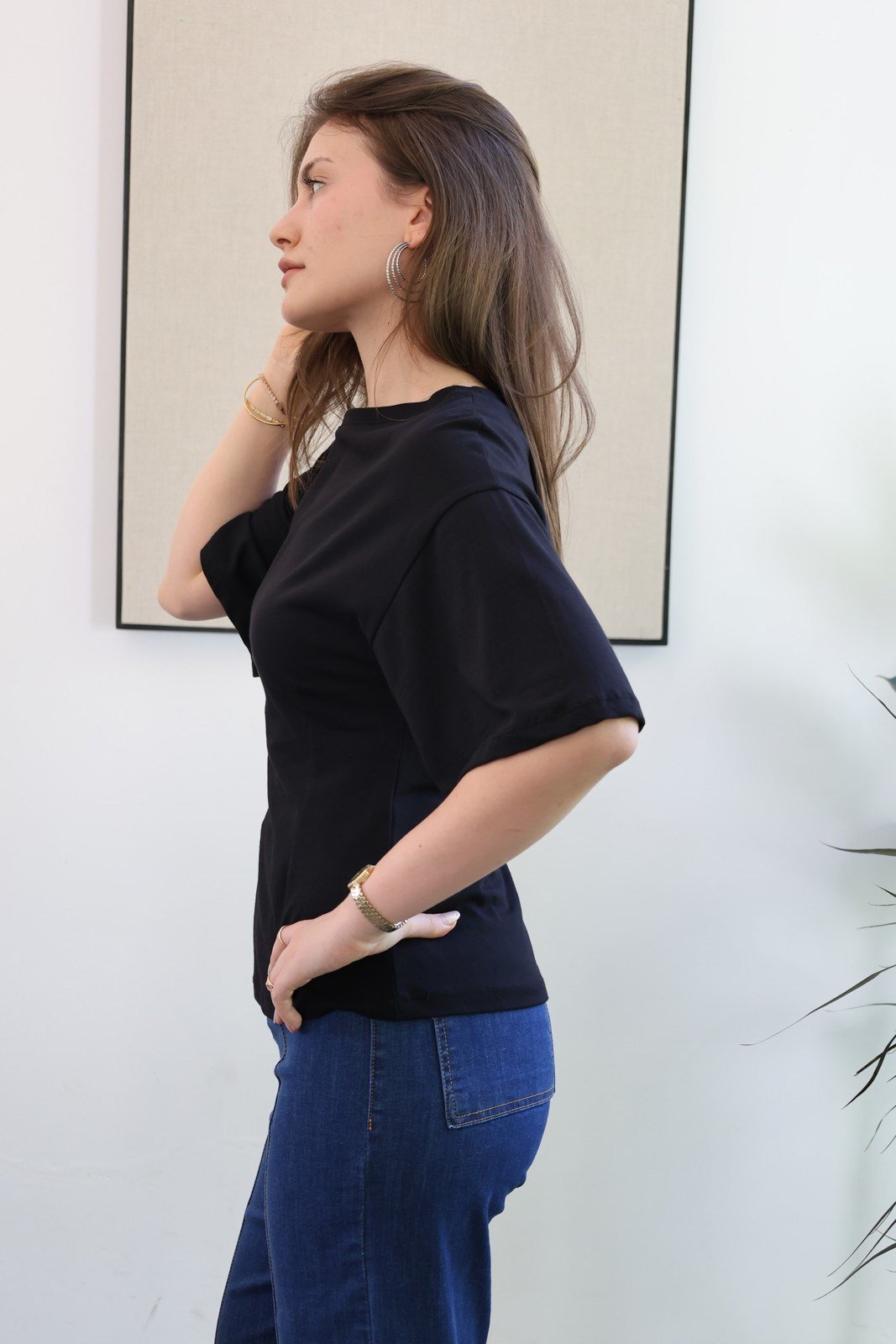 Pamuklu Esnek Yarasa Kol Tshirt - Siyah