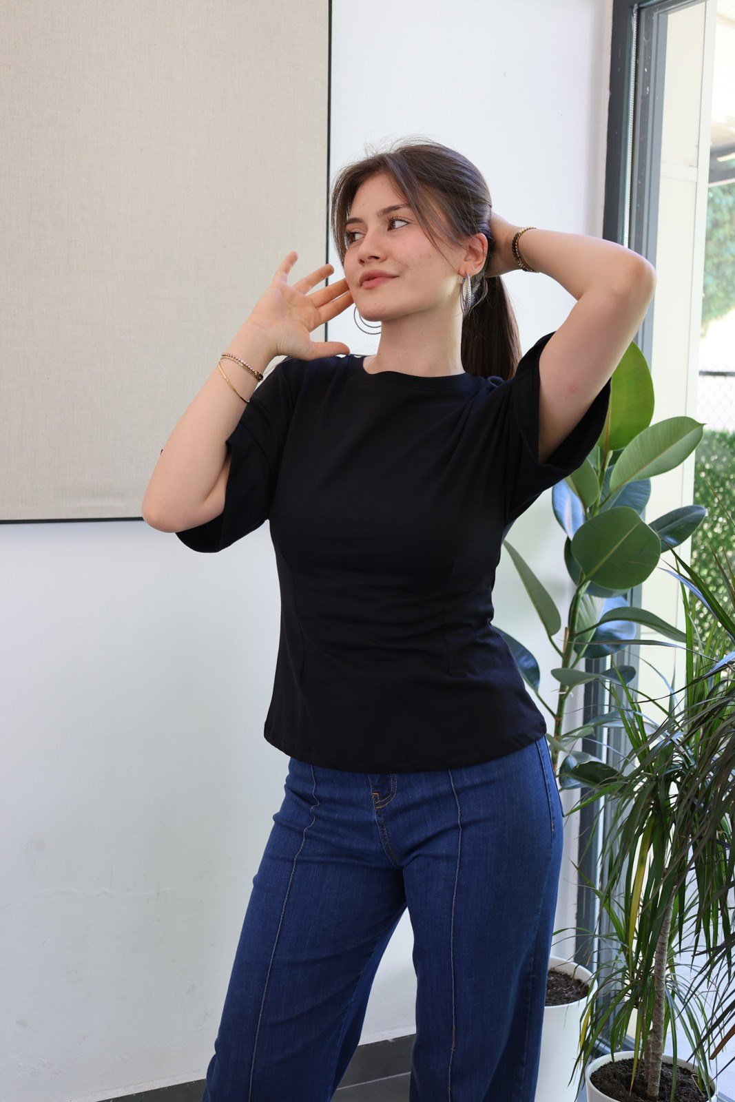 Pamuklu Esnek Yarasa Kol Tshirt - Siyah
