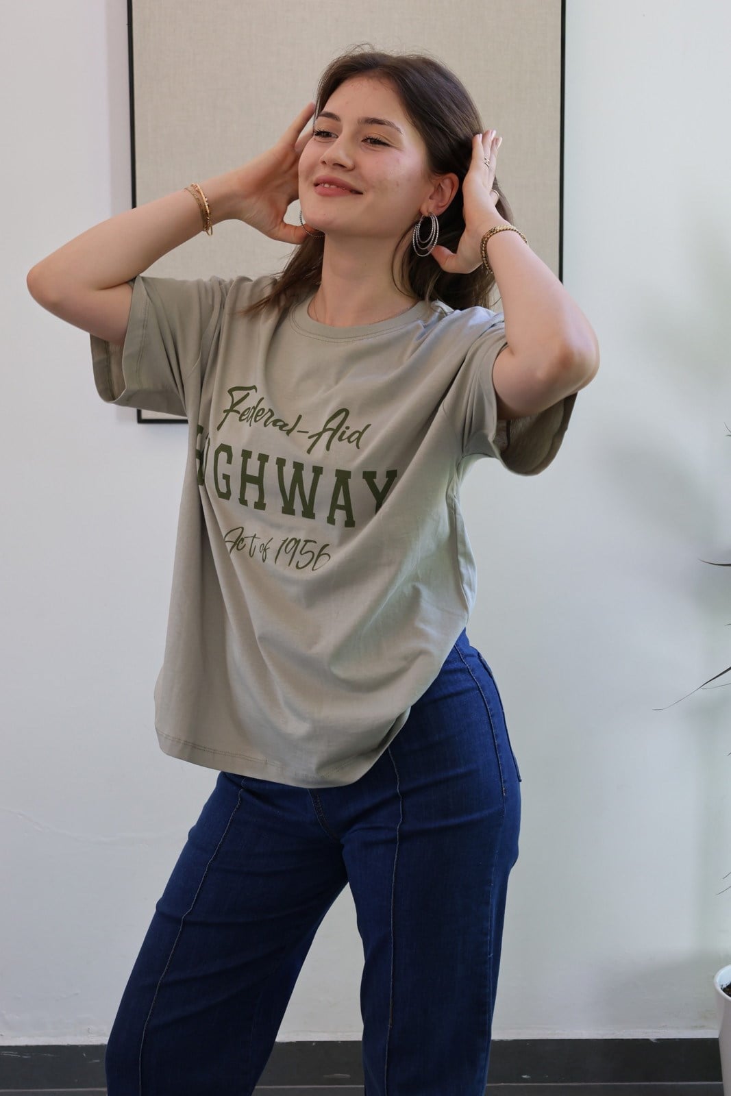 Pamuklu Kumaş Baskılı Tshirt - Haki