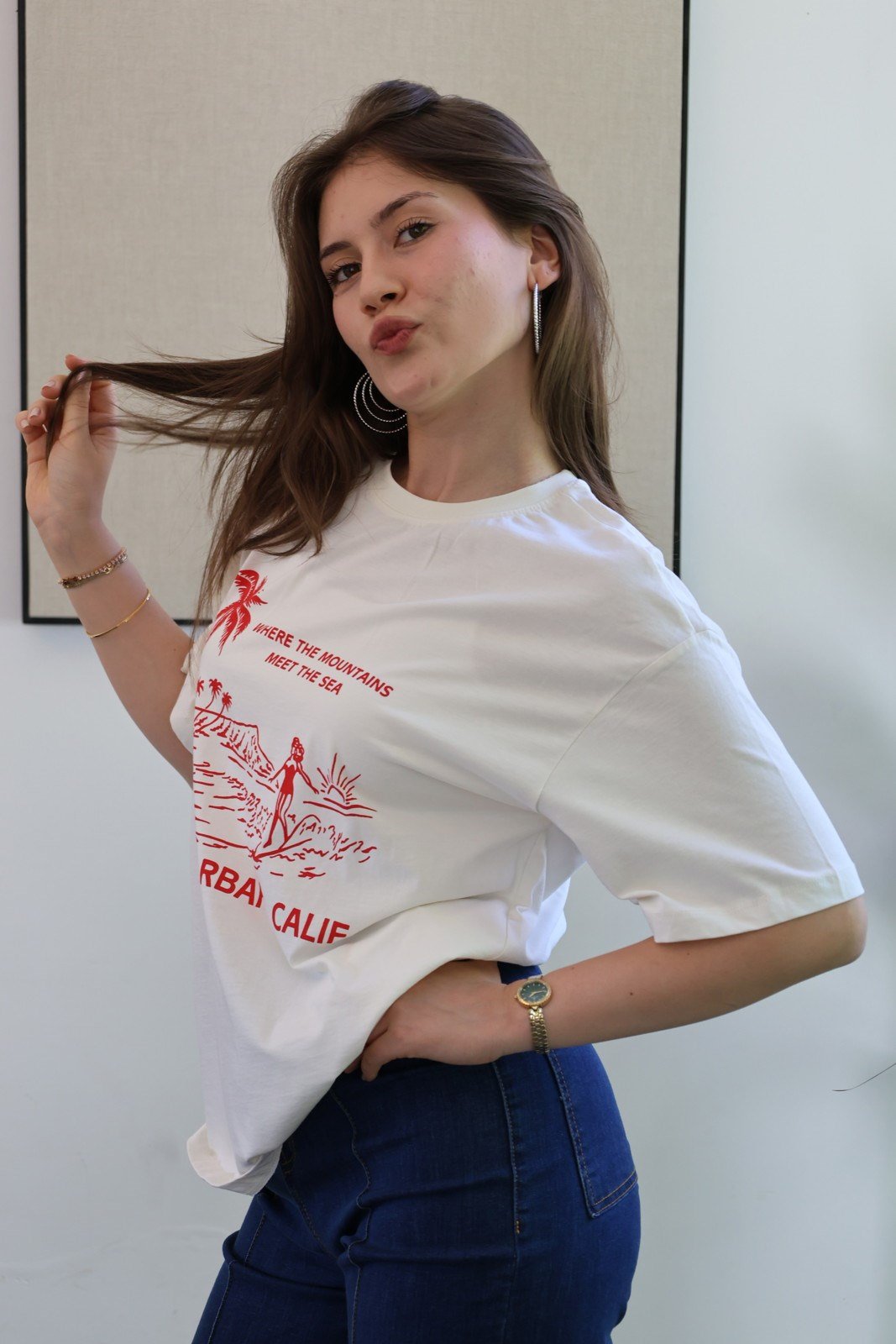 Pamuklu Kumaş Baskılı Tshirt - Krem