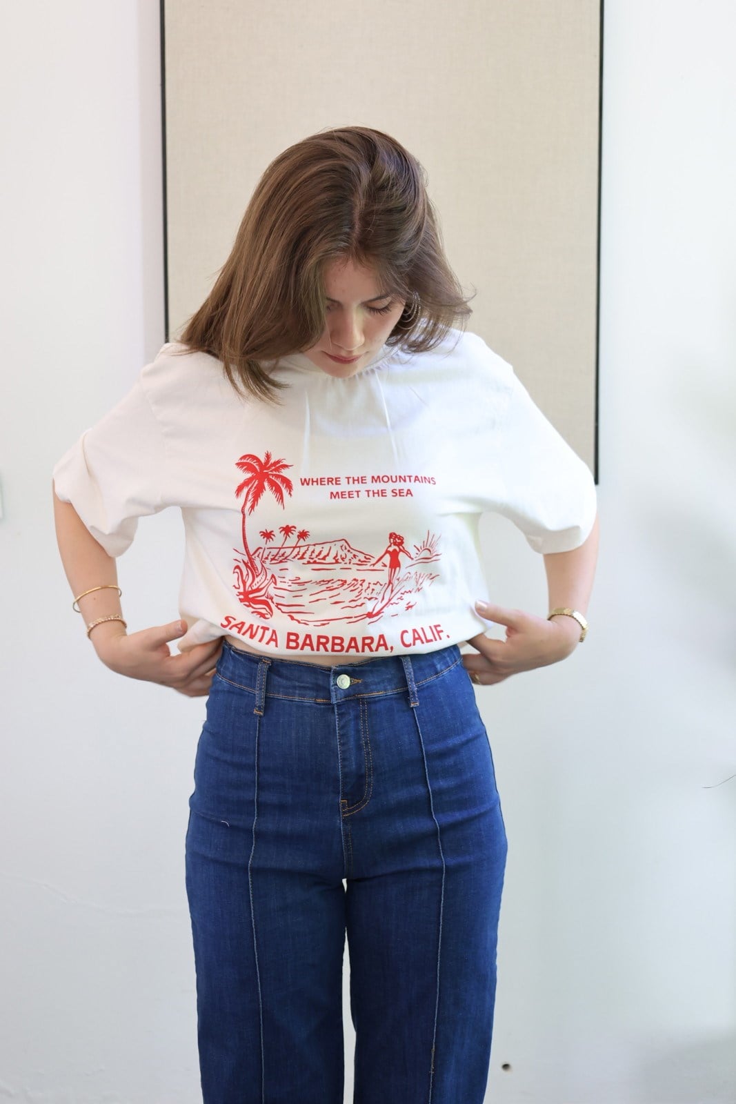 Pamuklu Kumaş Baskılı Tshirt - Krem