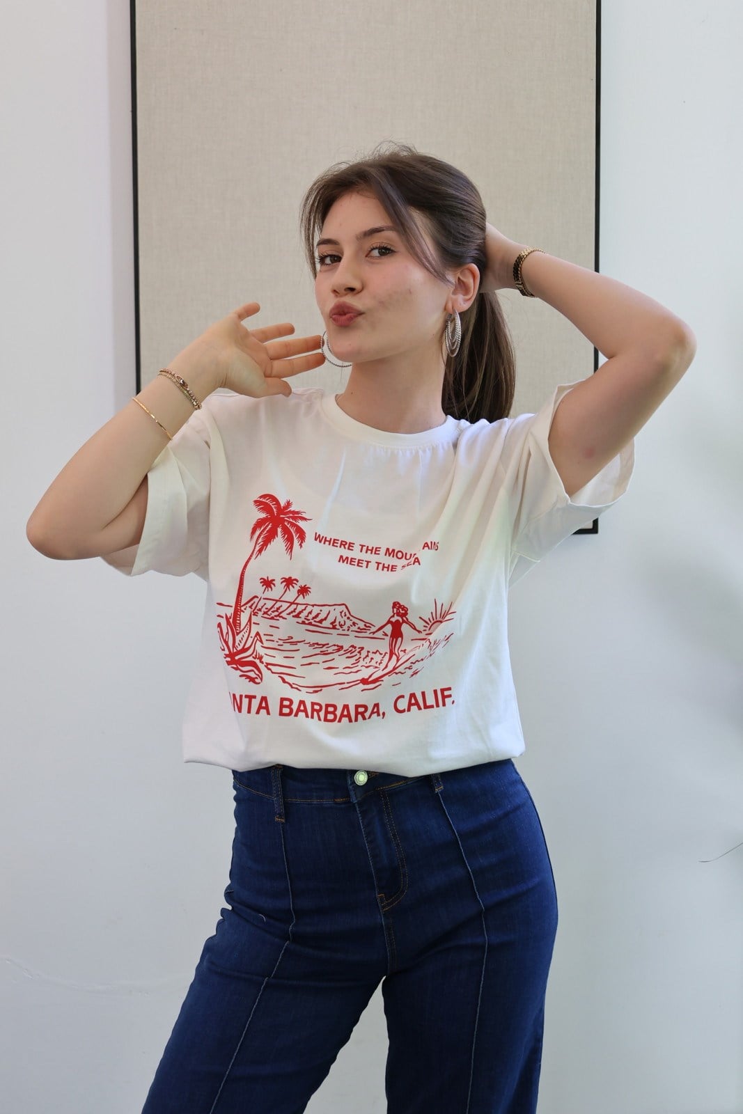 Pamuklu Kumaş Baskılı Tshirt - Krem