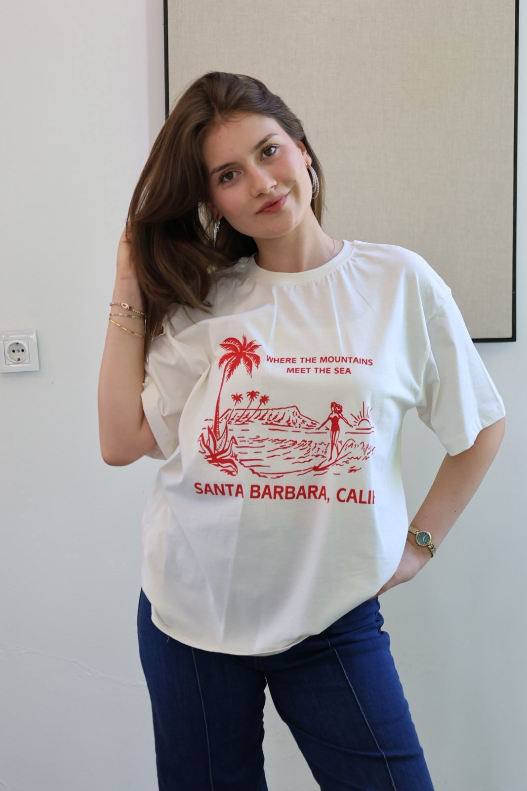 Pamuklu Kumaş Baskılı Tshirt - Krem