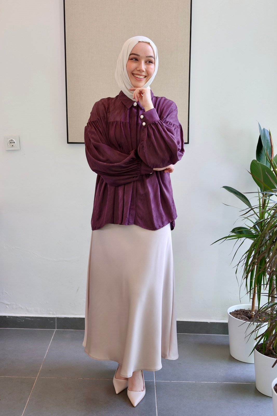 Pileli Saten Bluz - Mürdüm