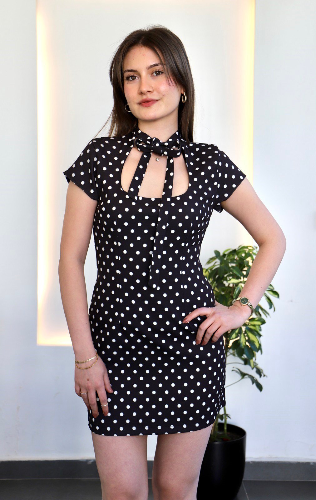 Puantiye Mini Elbise Şort Astarlı - Siyah