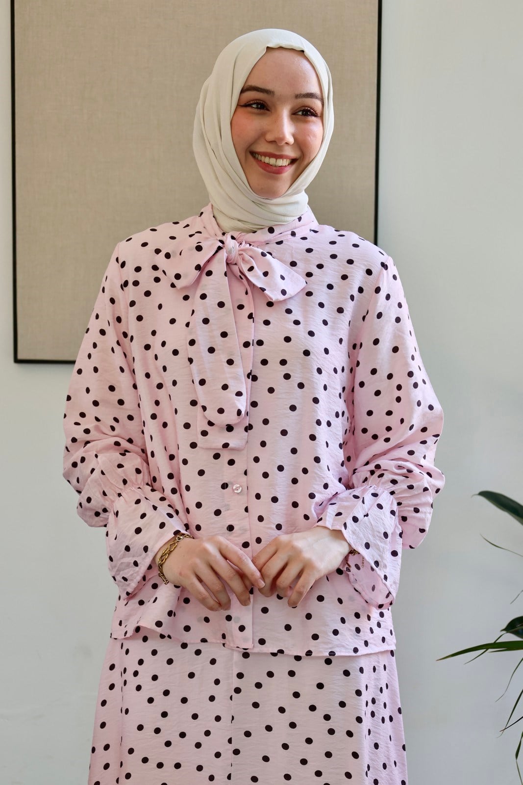Puantiye Tensel Etek Takım - Pembe