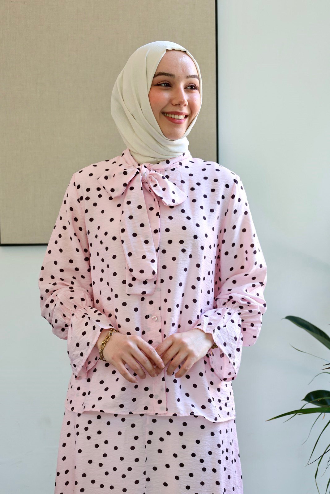 Puantiye Tensel Etek Takım - Pembe