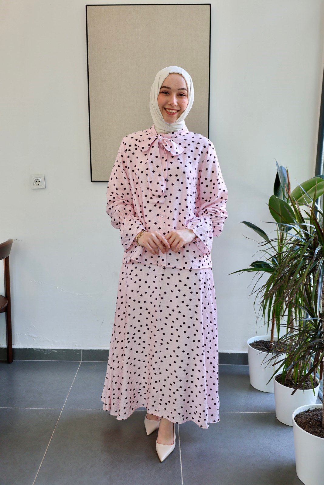 Puantiye Tensel Etek Takım - Pembe