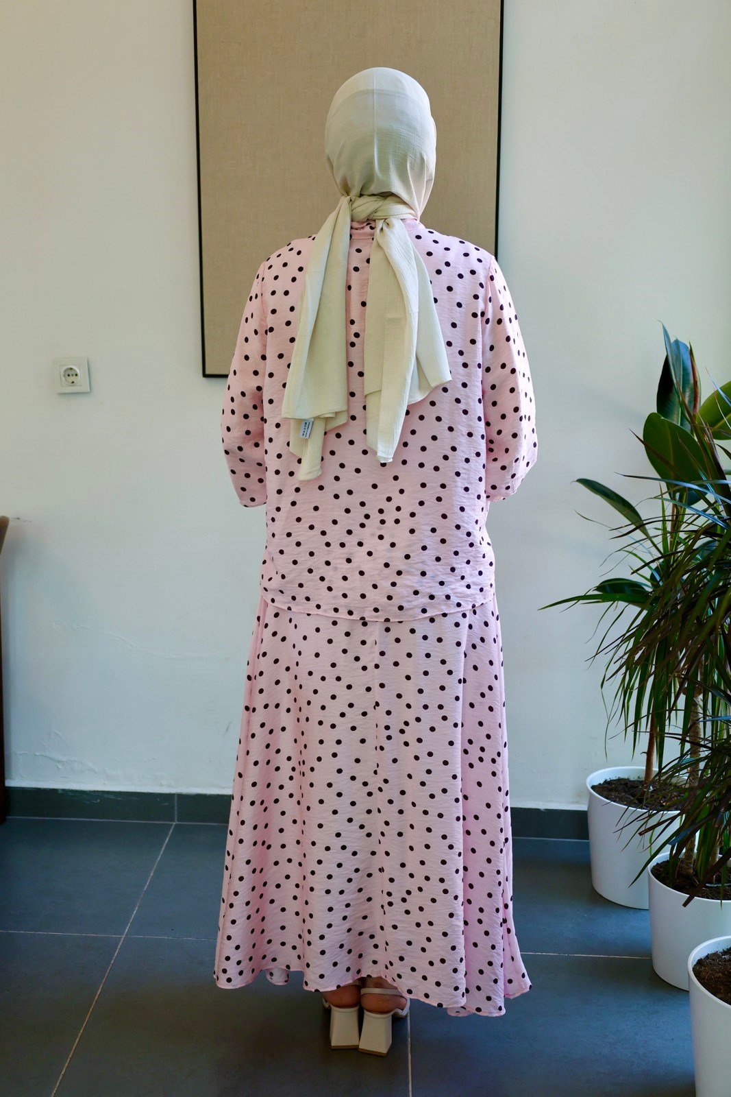Puantiye Tensel Etek Takım - Pembe