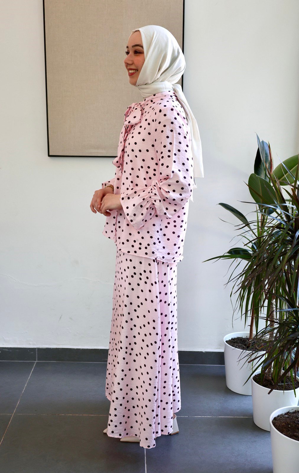 Puantiye Tensel Etek Takım - Pembe