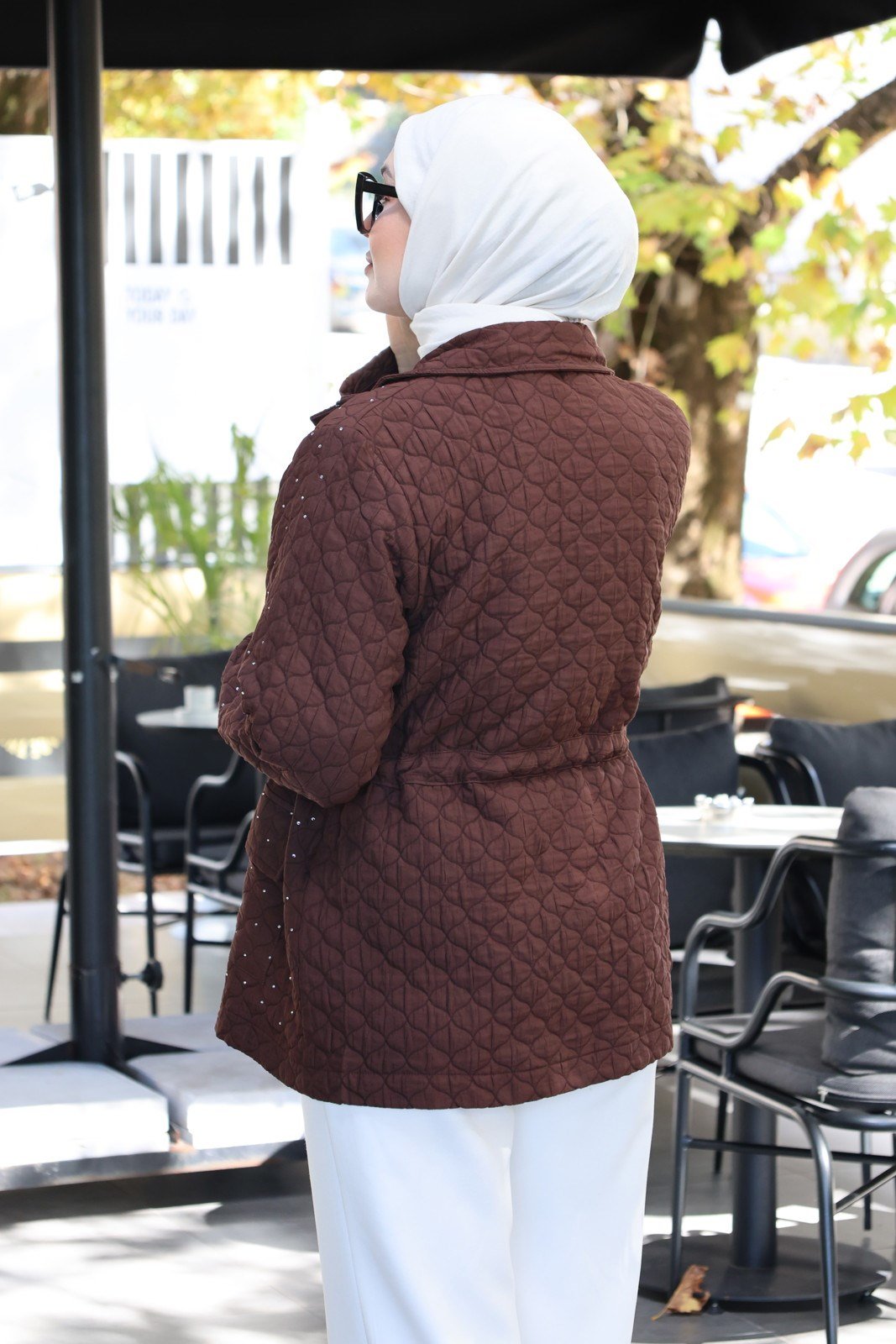 Taşlı Kapitone Ceket - Kahve