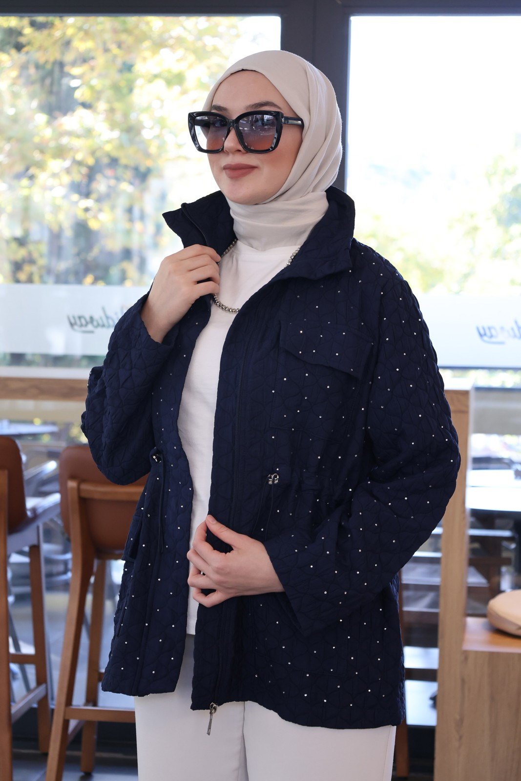 Taşlı Kapitone Ceket - Lacivert