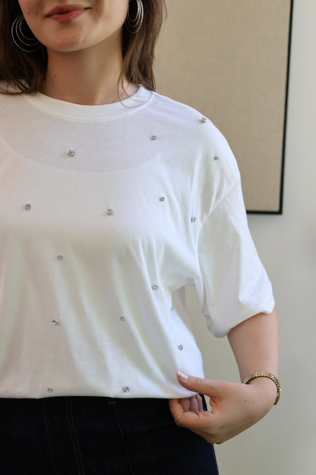 Zımba Taş Detay Tshirt - Beyaz