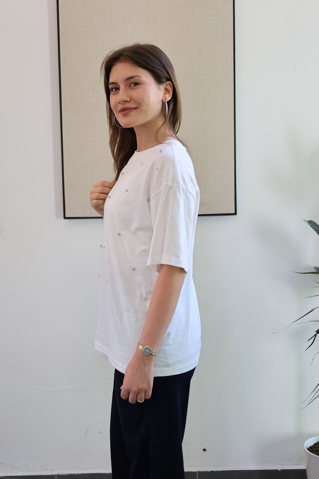 Zımba Taş Detay Tshirt - Beyaz