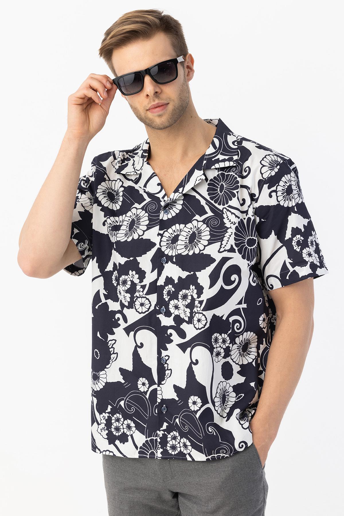 Apaş Yaka Baskılı Erkek Gömlek Lacivert - Sabri Özel