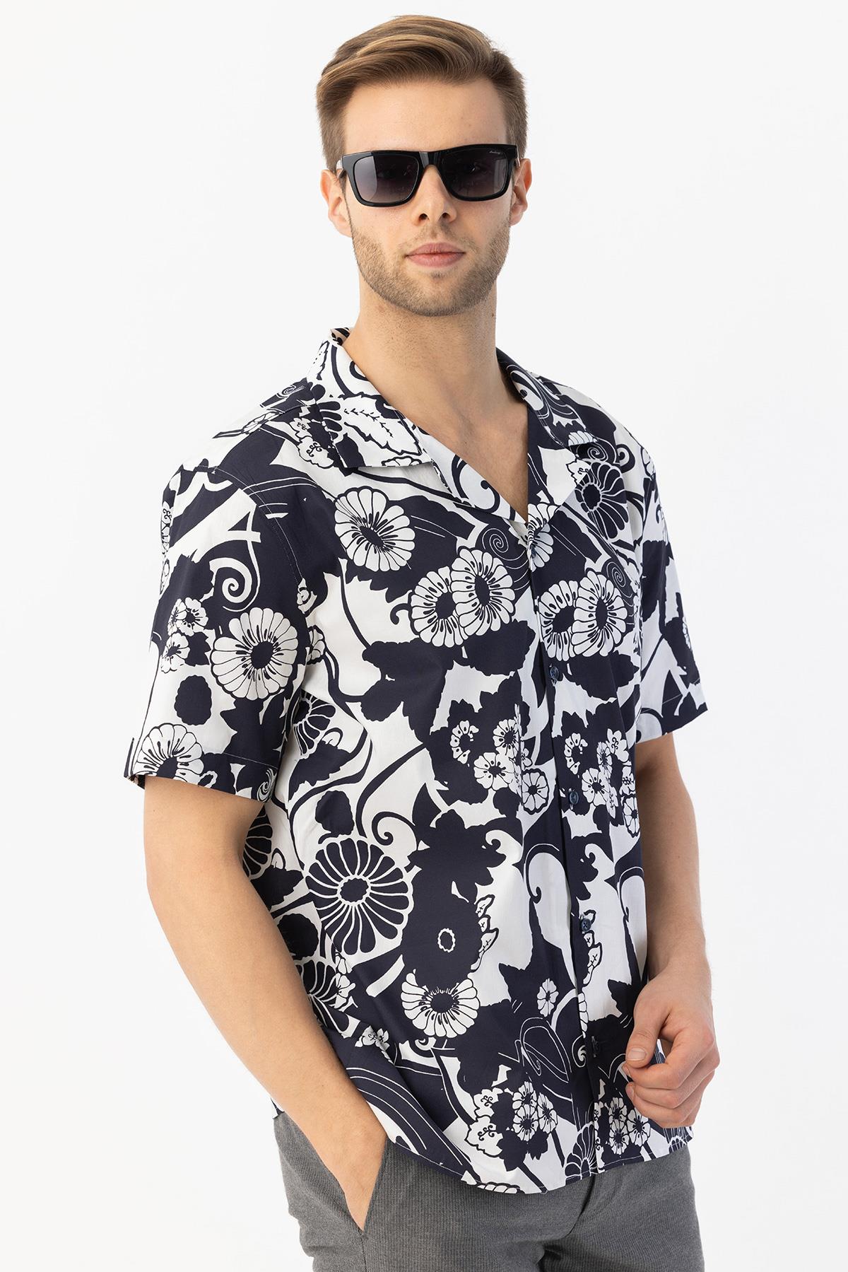 Apaş Yaka Baskılı Erkek Gömlek Lacivert - Sabri Özel