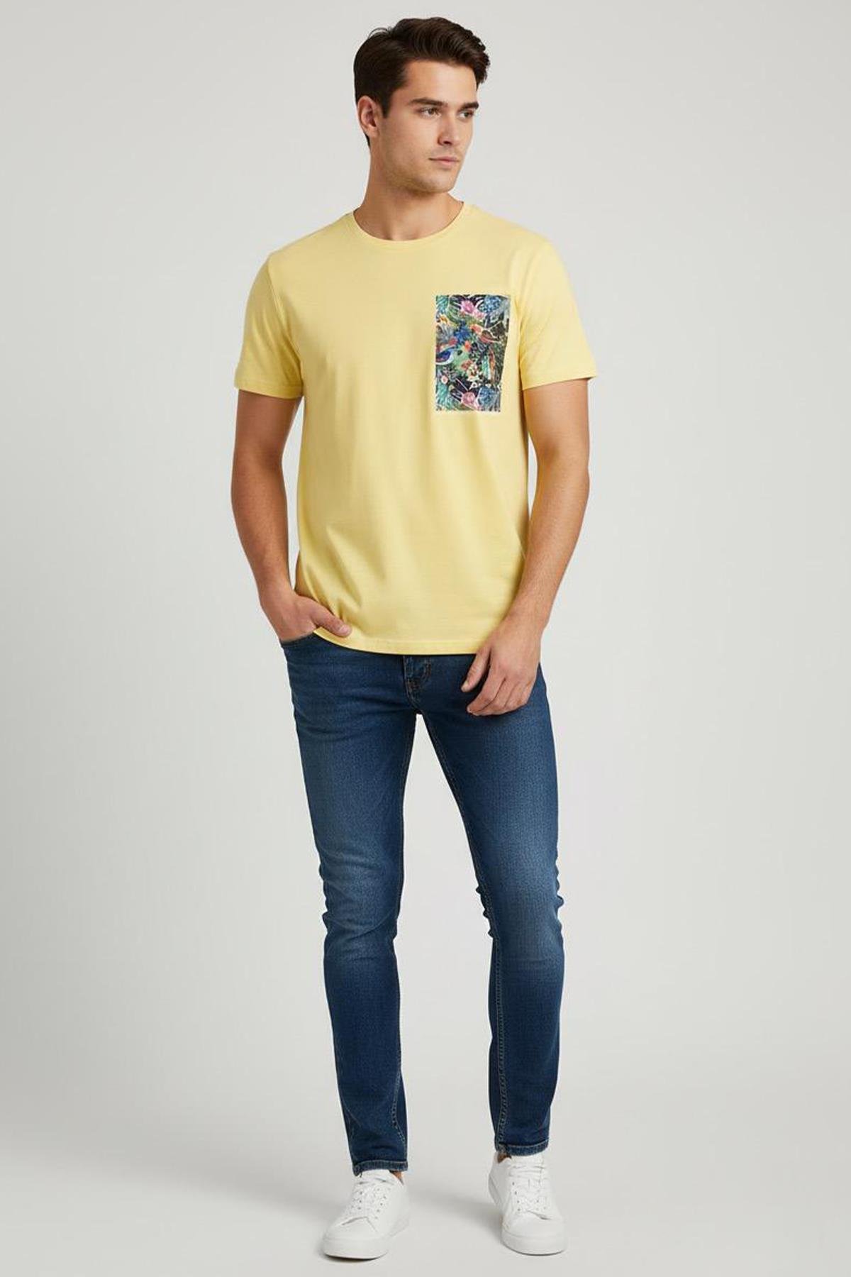 BASKILI BİSİKLET YAKA ERKEK T-SHIRT Sarı - Sabri Özel