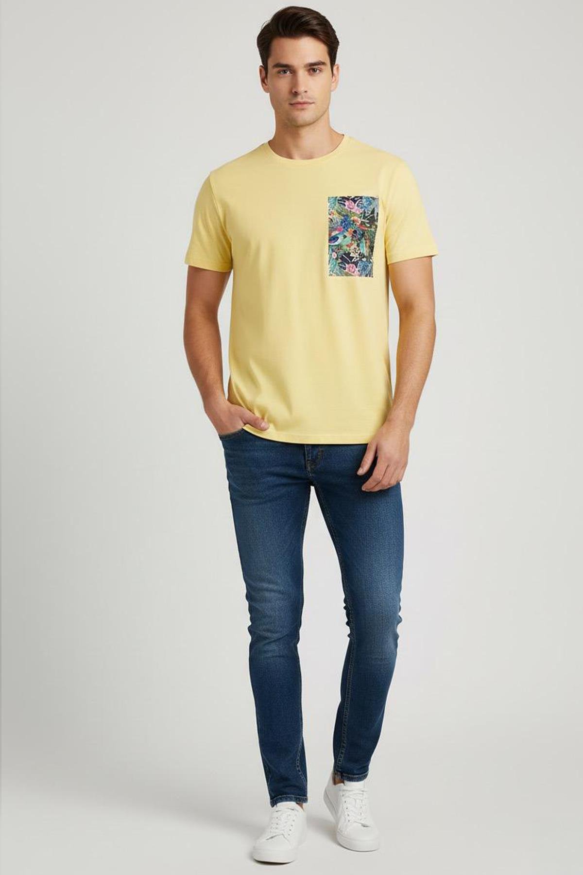 BASKILI BİSİKLET YAKA ERKEK T-SHIRT Sarı - Sabri Özel