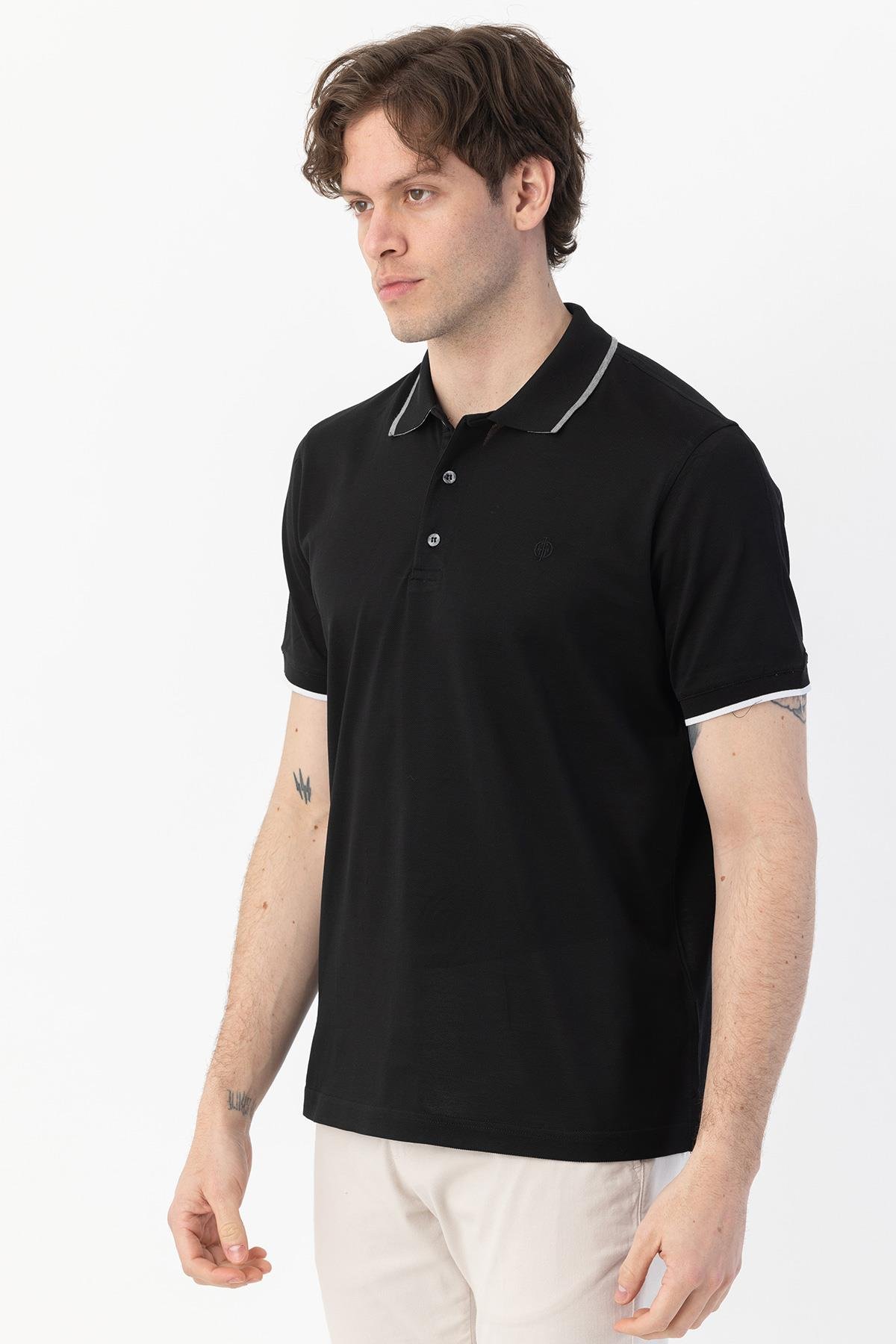 Düğmeli Polo Yaka Erkek T-Shirt Siyah - Sabri Özel