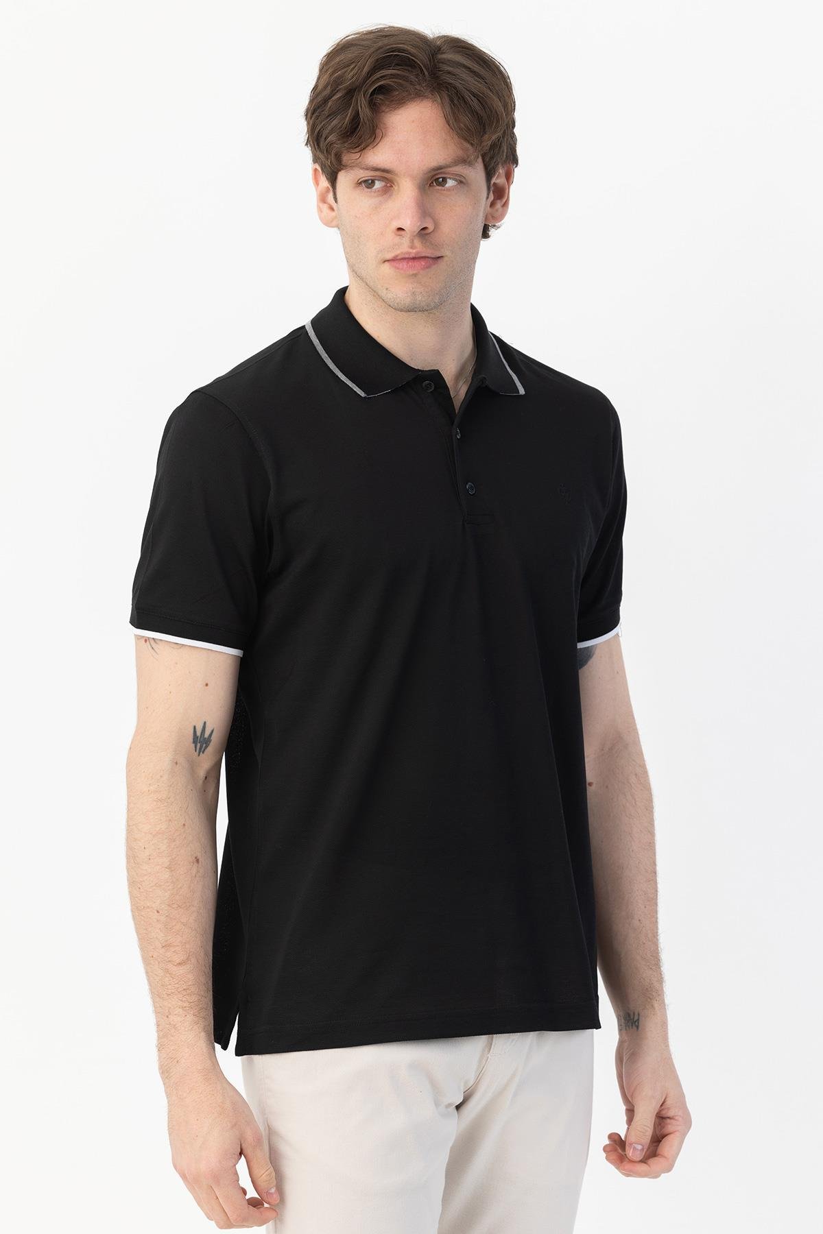 Düğmeli Polo Yaka Erkek T-Shirt Siyah - Sabri Özel