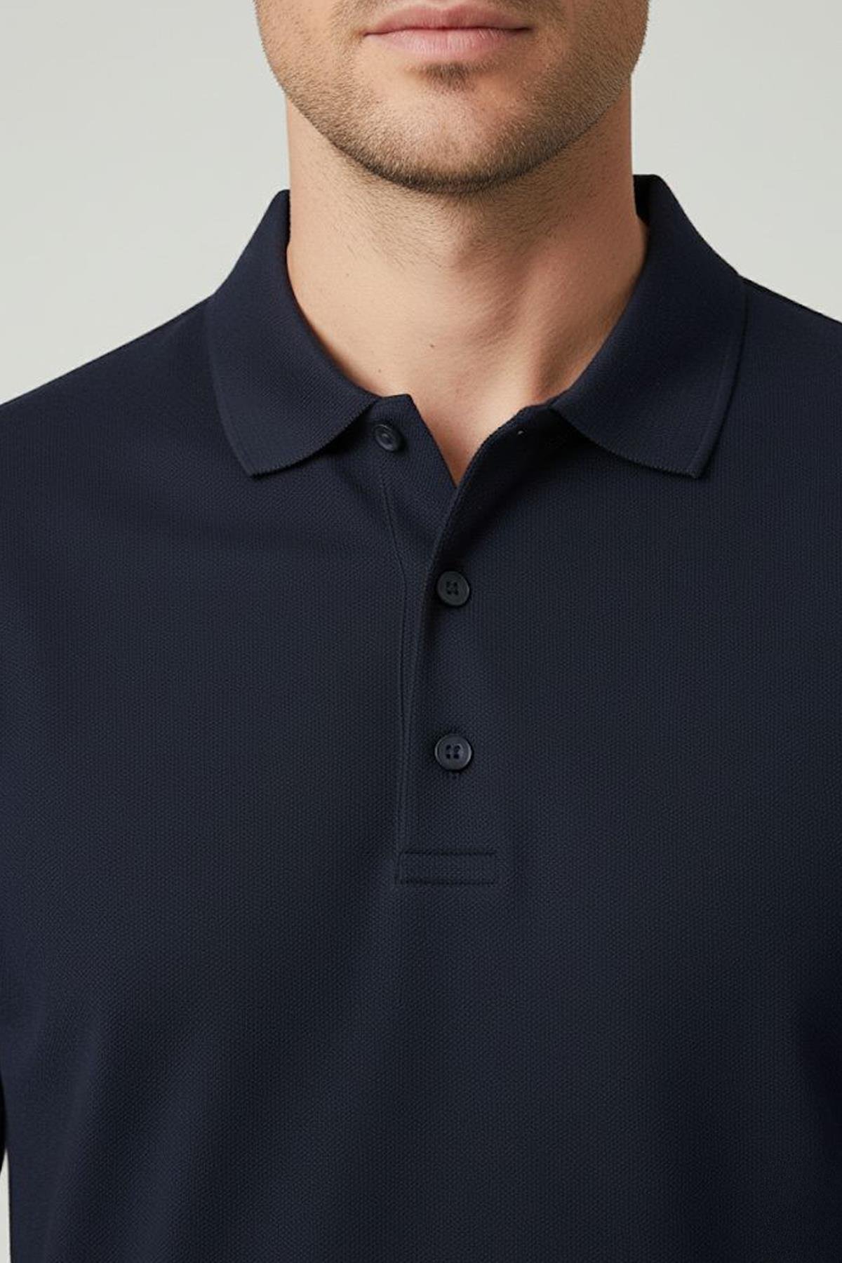 DÜĞMELİ POLO YAKA UZUN KOLLU ERKEK T-SHIRT Lacivert - Sabri Özel