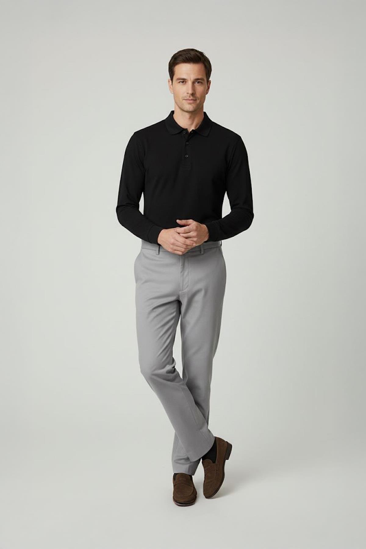 DÜĞMELİ POLO YAKA UZUN KOLLU ERKEK T-SHIRT Siyah - Sabri Özel