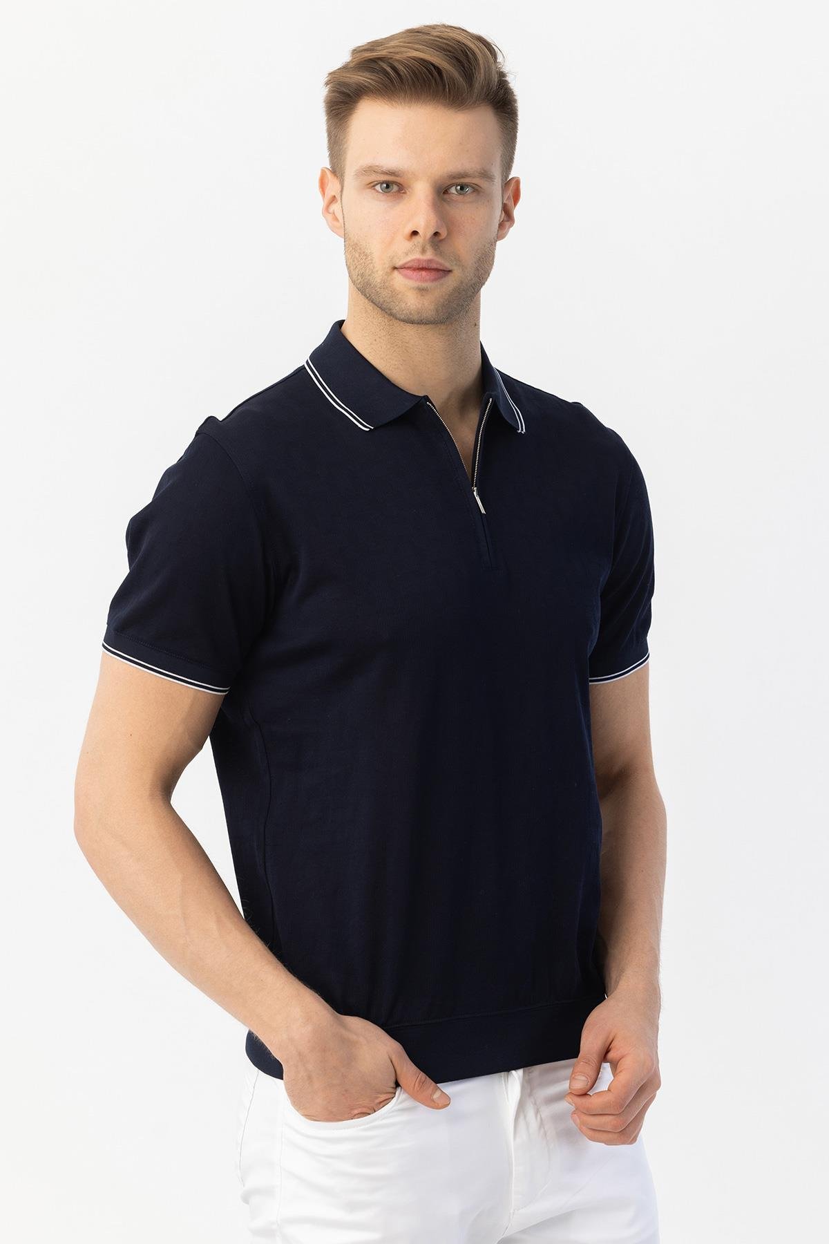 FERMUARLI  POLO YAKA ERKEK T-SHIRT Lacivert - Sabri Özel