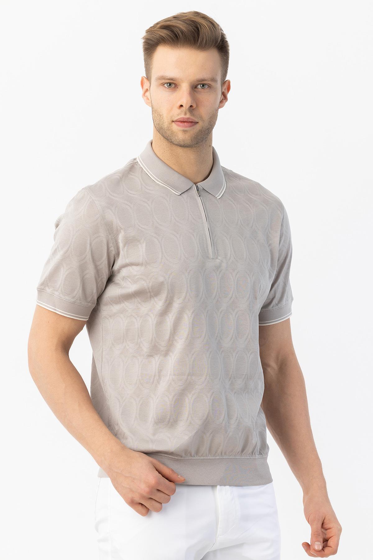 FERMUARLI POLO YAKA ERKEK T-SHIRT Açık Bej - Sabri Özel