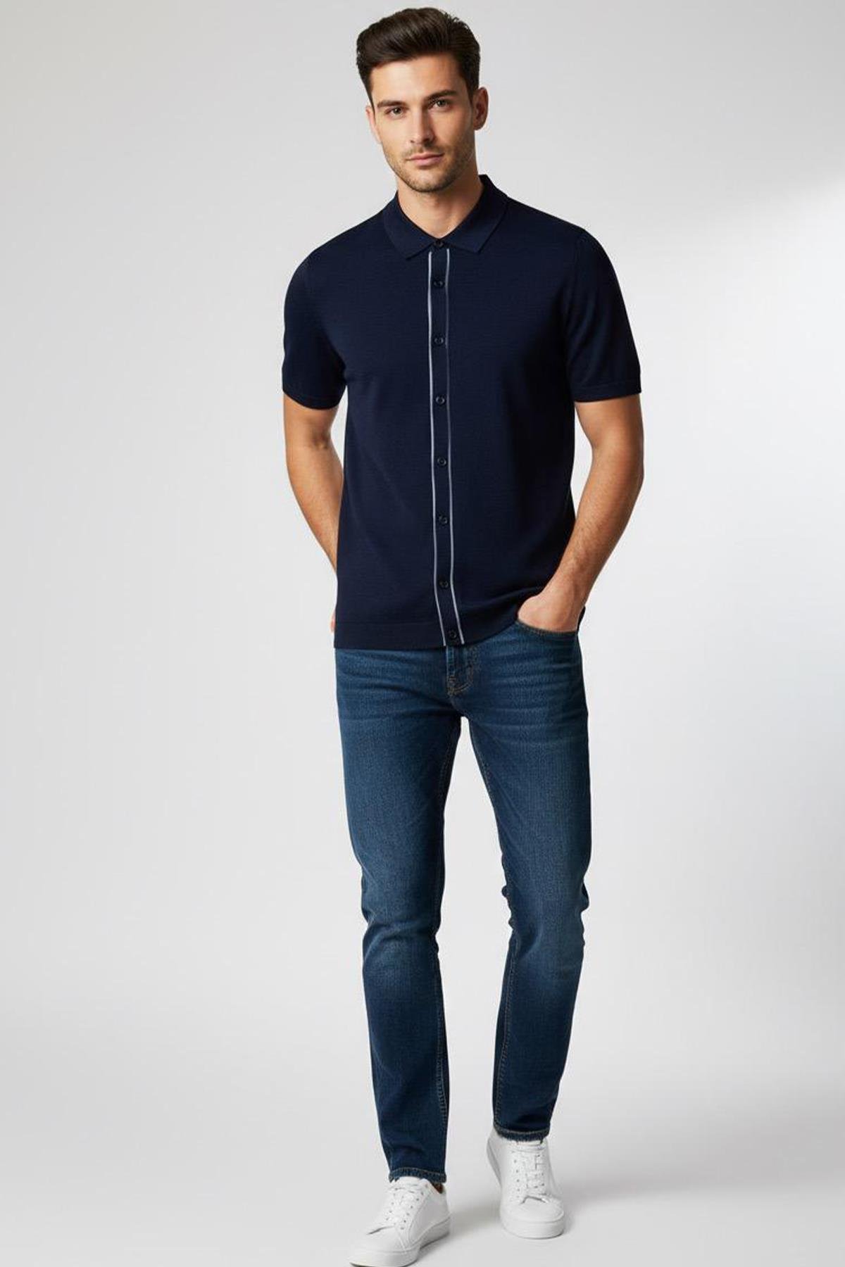 KISA KOLLU TRİKO ERKEK GÖMLEK Lacivert - Sabri Özel