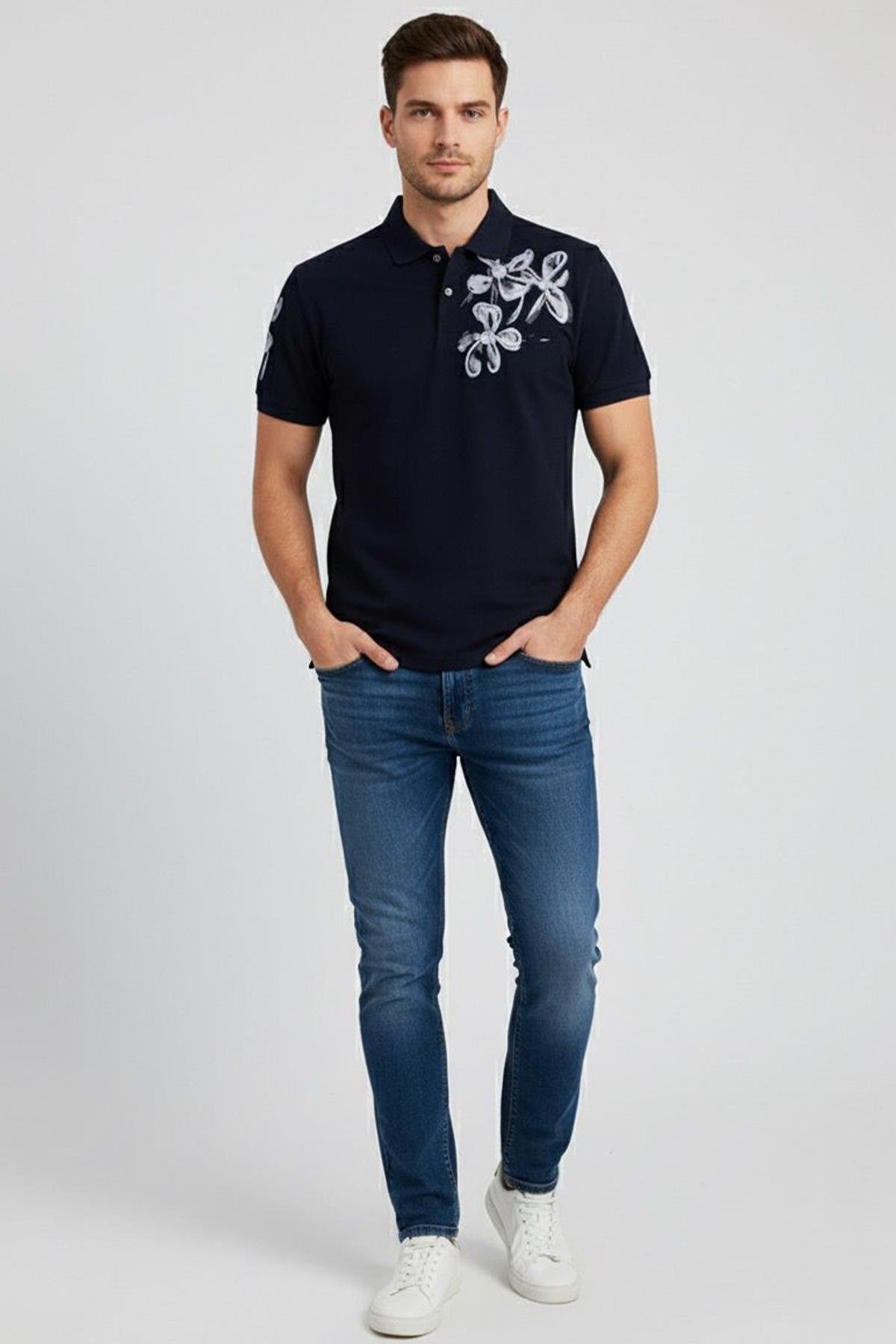 NAKIŞLI DÜĞMELİ POLO YAKA ERKEK T-SHIRT Siyah - Sabri Özel