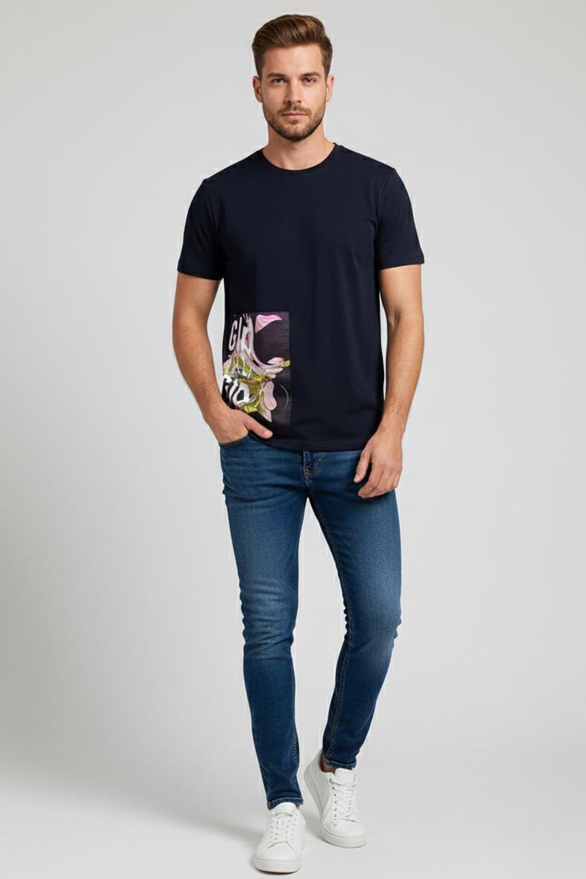 OVERSIZE BASKILI BİSİKLET YAKA ERKEK T-SHIRT Lacivert - Sabri Özel